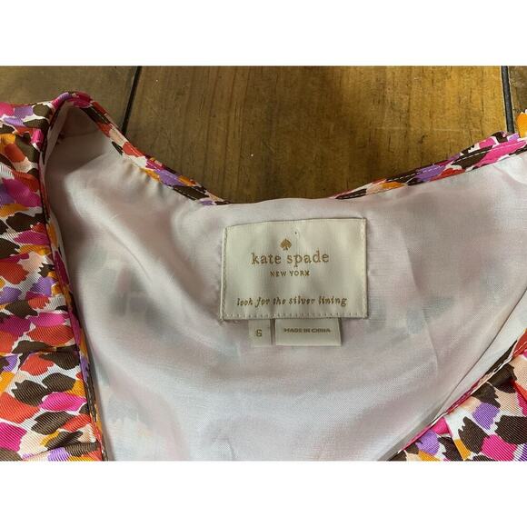 KATE SPADE Aubrey Wrap Dress 6 Pink Brown Abstract Print Silk Sleeveless Ruffles - Picture 4 of 15